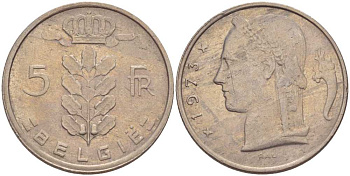 БЕЛЬГИЯ 5 ФРАНКОВ 1973 BELGIE, БОДУЭН I (1951-1993) KM 135.1 медно-никель 213-426