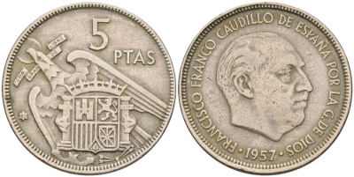 Испания 5 песет 1957(63) Франциско Франко (1939-1975) KM 786 медно-никель 4583-1213