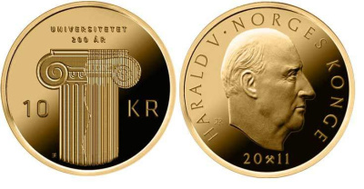 Норвегия 10 крон 2011 200 лет со дня основания первого университета Норвегии KM 484 никель латунь UNC M46-01