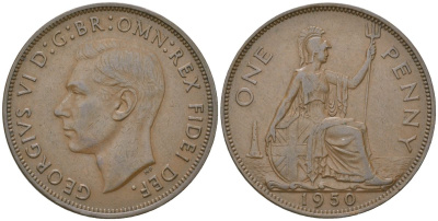 Великобритания 1 пенни 1950 Георг VI (1936-1952) KM 869, Spink 4117 бронза    82-846