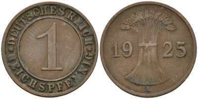 Германия 1 рейхспфенниг 1925 A KM 37, J. 313 бронза 4189-1066