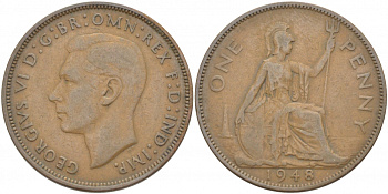 Великобритания 1 пенни 1948 Георг VI (1936-1952) KM 845, Spink 4114 бронза 215-335