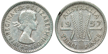 Австралия 3 пенса 1957 m, Елизавета II (1952-2022) KM 57 серебро 71-542