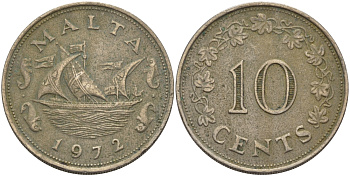 Мальта 10 центов 1972 баржа Великого магистра KM 11 медно-никель 82-335