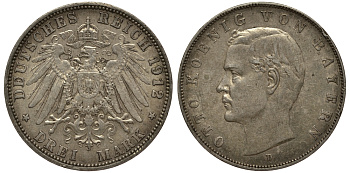 Бавария 3 марки 1912 Отто (1886-1913) Weege 45, J. 47, KM 515 серебро 3711-2113