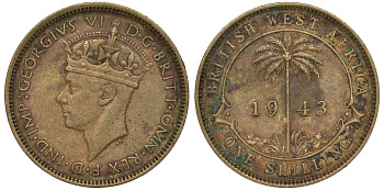 Британская Западная Африка 1 шиллинг 1943 Георг VI KM 23 никель латунь 25-1635