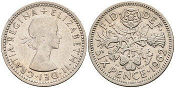 Великобритания 6 пенсов 1962 Елизавета II (1952-2022) KM 903, Spink 4149 медно-никель 4588-1242