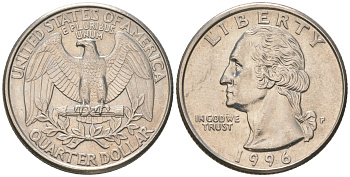 США 25 центов (квотер) 1996 P, Вашингтон KM A164a медь плакированная медно-никелем 4175-421