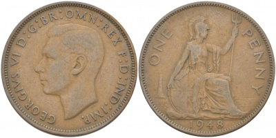 Великобритания 1 пенни 1948 Георг VI (1936-1952) KM 845, Spink 4114 бронза 215-335