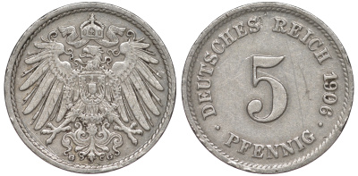 ГЕРМАНИЯ 5 ПФЕННИГОВ 1906 G, KM 11, J. 12 медно-никель 45-1127