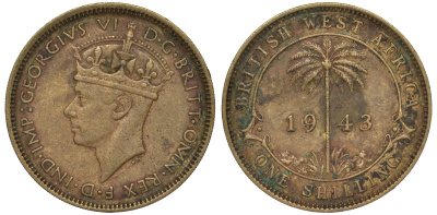 Британская Западная Африка 1 шиллинг 1943 Георг VI KM 23 никель латунь 25-1635