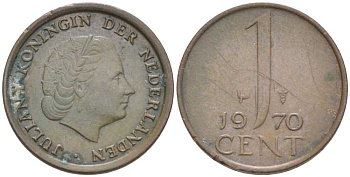 НИДЕРЛАНДЫ 1 ЦЕНТ 1970 ЮЛИАНА (1948-1980) KM 180 бронза 214-1046
