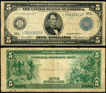 США 5 долларов 1914 Сан-Франциско (12-L), Авраам Линкольн, голубая серия, подпись White, Mellon Pick 359 b L(4-1)  бумага   451-642-1-2