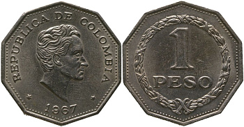 Колумбия 1 песо 1967 KM 229 медно-никель 4565-312