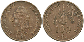 Французская Новая Каледония 100 франков 1996 хижина среди сосен и пальм, (IEOM) KM 15, Schoen 16, Lec 139 никель латунь 4140-1035