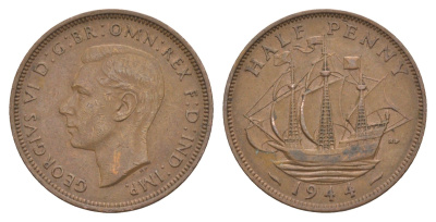 Великобритания 1/2 пенни 1944 Георг VI (1936-1952) KM 844, Spink 4115 бронза 4642-435