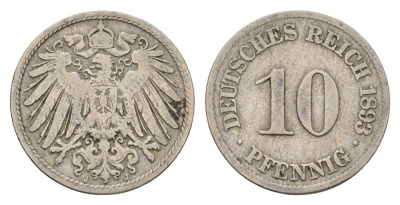 Германия 10 пфеннигов 1893 J, Вильгельм II (1888-1918) KM 12, J. 13 медно-никель 4636-1145
