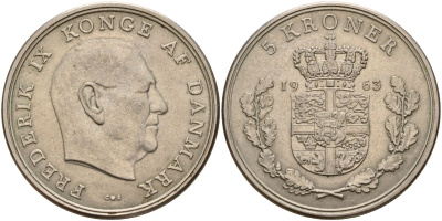 Дания 5 крон 1963 C;S, Фредерик IX (1947-1972) KM 853.1 медно-никель 4149-332