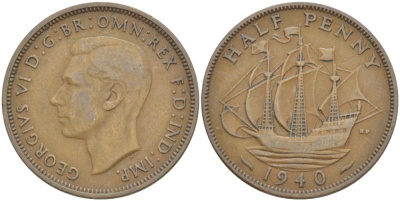 Великобритания 1/2 пенни 1940 Георг VI (1936-1952) KM 844, Spink 4115 бронза 4539-645