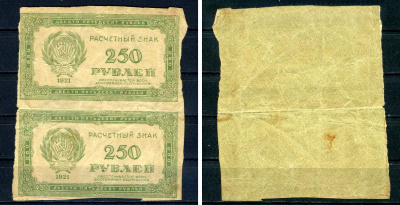РСФСР сцепка из 2 банкнот (250 рублей) 1921 водяной знак номинал Pick 110a, ZG II 2.6.5 бумага 7547-7-2-1