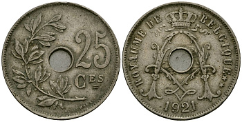 Бельгия 25 сантимов 1921 Belgique KM 68 медно-никель 4168-1235
