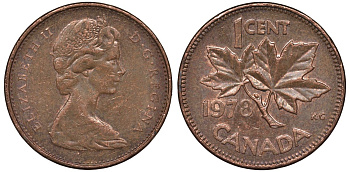 Канада 1 цент 1978 Елизавета II (1952-2022), кленовый лист KM 59.1 бронза 4122-351