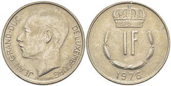 ЛЮКСЕМБУРГ 1 ФРАНК 1976 ВЕЛИКИЙ ГЕРЦОГ ЖАН KM 55 медно-никель 4390-1124