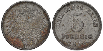 ГЕРМАНИЯ 5 ПФЕННИГОВ 1918 F KM 19, J. 297 железо 45-1153