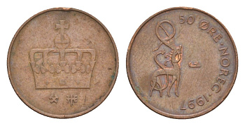 Норвегия 50 эре 1997 Харальд V (1991-) KM 460 бронза 4632-1255