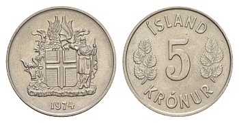 Исландия 5 крон 1974 KM 18 медно-никель UNC 4632-964