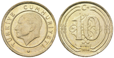 Турция 10 курушей 2014 KM 1241 медь цинк никель UNC 4621-461