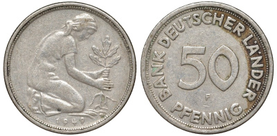 ФРГ 50 пфеннигов 1949 F KM 104, J. 379 медно-никель 4132-631