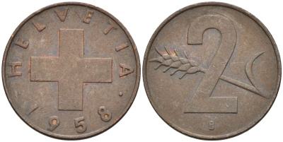 Швейцария 2 раппена 1958 В KM 47 бронза 4591-1225