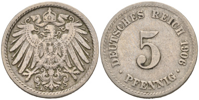 ГЕРМАНИЯ 5 ПФЕННИГОВ 1906 A, KM 11, J. 12 медно-никель 75-914