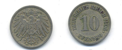 ГЕРМАНИЯ 10 ПФЕННИГОВ 1906 A KM 12, J. 13 медно-никель 58-247