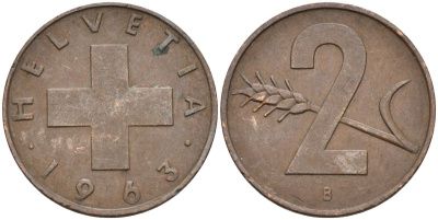 Швейцария 2 раппена 1963 В KM 47 бронза 4591-1246