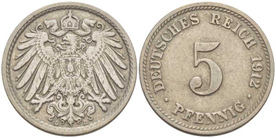 ГЕРМАНИЯ 5 ПФЕННИГОВ 1912 D KM 11, J. 12, Weege 6 медно-никель 211-561