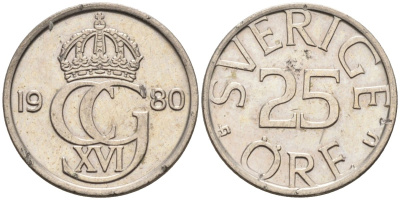 Швеция 25 эре 1980 Карл XVI Густав (1973- ) KM 851 медно-никель 4585-524