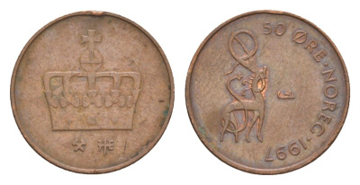 Норвегия 50 эре 1997 Харальд V (1991-) KM 460 бронза 4632-1255