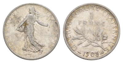 Франция 1 франк 1905 KM 844 серебро 00-00