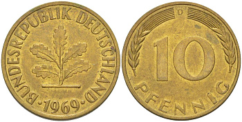 ФРГ 10 ПФЕННИГОВ 1969 D KM 108, J. 383 сталь плакированная латунью 219-432