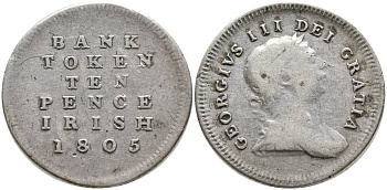 ИРЛАНДИЯ 10 ПЕНСОВ 1805 БАНКОВСКИЙ ТОКЕН, ГЕОРГ III KM Tn3 серебро 272-745