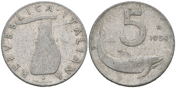 Италия 5 лир 1954 R, руль, дельфин KM 92 алюминий 4567-344