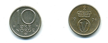 Норвегия 10 эре 1974 Улаф V (1958-1991) KM 416 медно-никель 4364-934