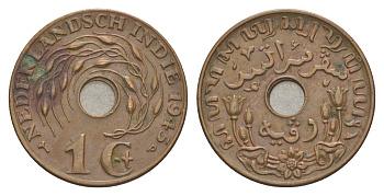 Нидерландская Ост-Индия 1 цент 1945 D, Вильгельмина (1890-1948) KM 317 бронза 4159-143