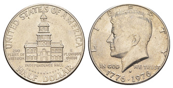 США 1/2 доллара (50 центов) 1976 D, 200 лет независимости, Джон Кеннеди KM 205 медь плакированная медно-никелем aUNC 4565-346