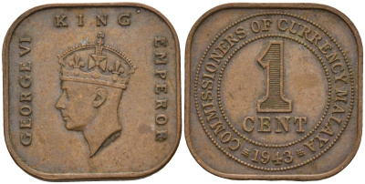 Британская Малайя 1 цент 1943 Георг VI (1937-1952) KM 6 бронза 4153-635