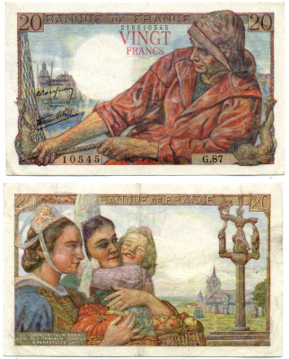 Франция 20 франков 1943 15 апреля 1943, signatures: Rousseau & Favre-Gilly, рыбаК Pick 100а бумага XF 6293-19-2-2