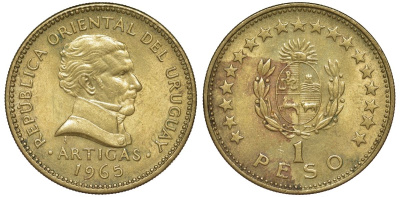 Уругвай 1 песо 1965 KM 46 алюминиевая бронза 34-157