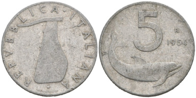 Италия 5 лир 1954 R, руль, дельфин KM 92 алюминий 4567-344